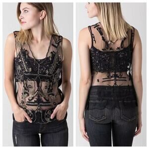 Bke Buckle Gimmicks Embellished Sheer Sleeveless Tank Top Sz S Beaded Black Mesh